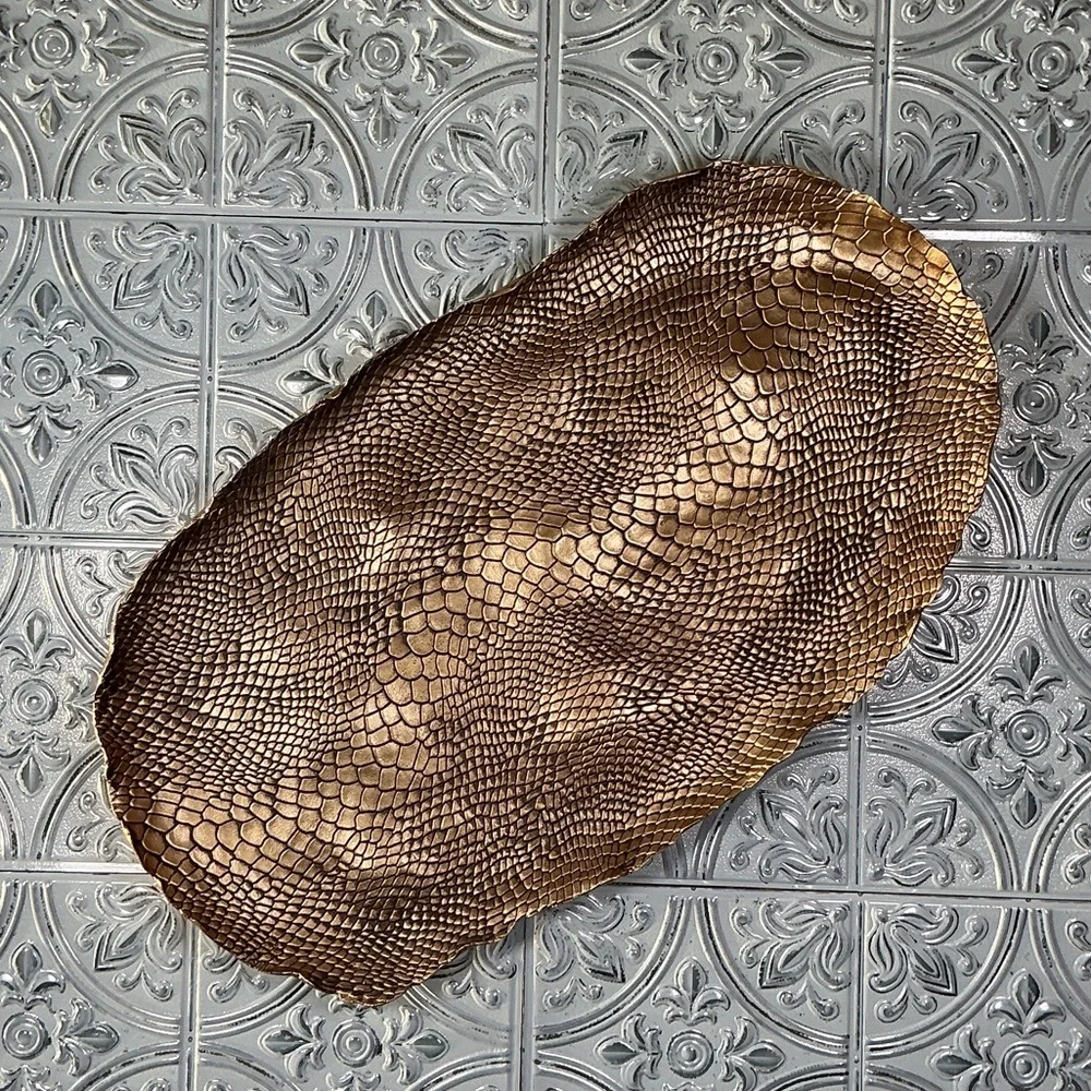 Pier 1 Gold Faux Snakeskin Embossed Metal Serving Tray Hollywood Regency Glam